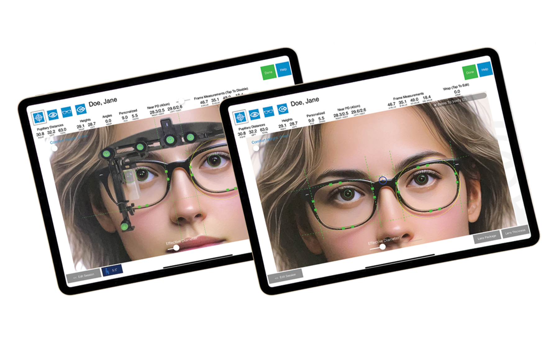 Zwei iPads mit identischen Messwerten: links die Messung mit Optikam Case, rechts ohne Aufsatz per LiDAR